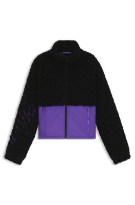 Teddy jacket with colour-blocking and embroidered logo, Black