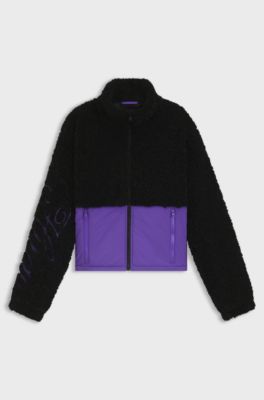 Veste en peluche color block avec logo brod&eacute;, Noir