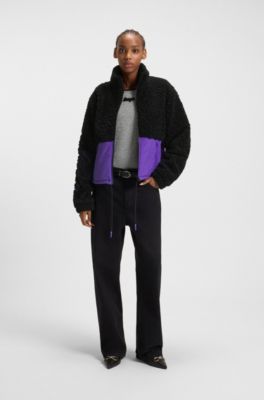 Veste en peluche color block avec logo brod&eacute;, Noir