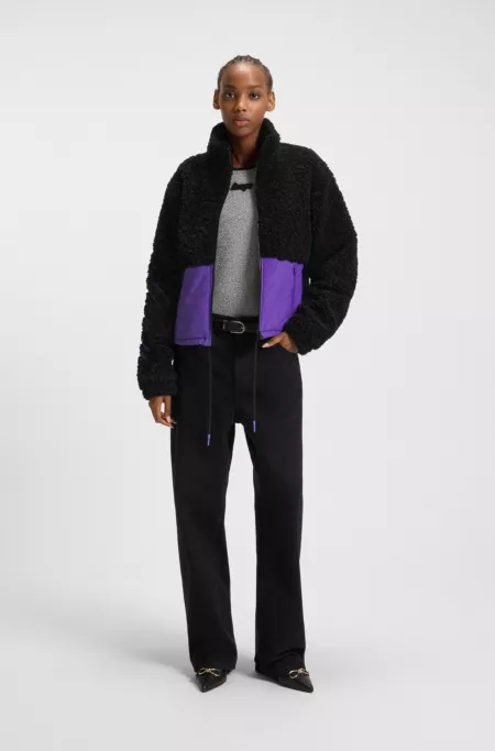 Teddy jacket with colour-blocking and embroidered logo