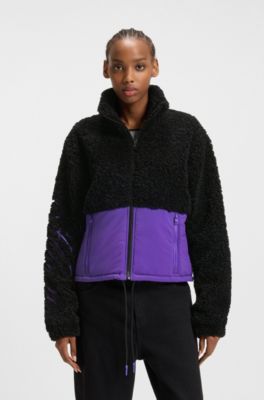Veste en peluche color block avec logo brod&eacute;, Noir