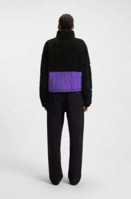 Veste en peluche color block avec logo brod&eacute;, Noir