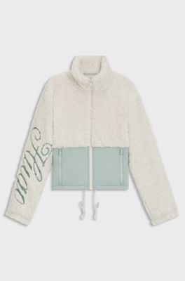 Teddy jacket with colour-blocking and embroidered logo, Natural