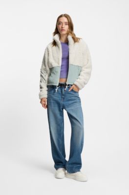 Teddy jacket with colour-blocking and embroidered logo, Natural