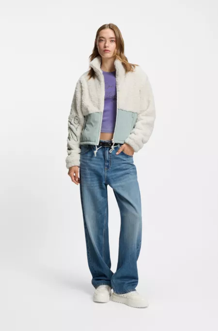 Teddy jacket with colour-blocking and embroidered logo