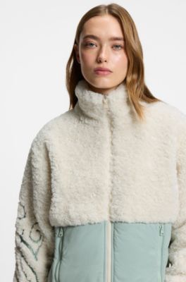 Teddy jacket with colour-blocking and embroidered logo, Natural