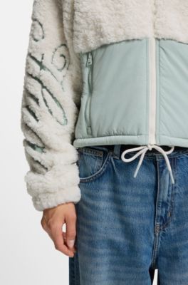 Teddy jacket with colour-blocking and embroidered logo, Natural