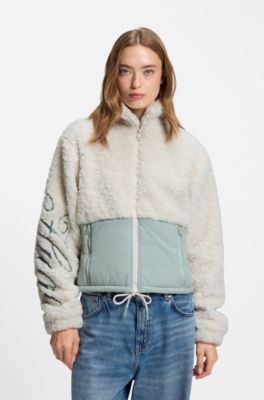 Teddy jacket with colour-blocking and embroidered logo, Natural