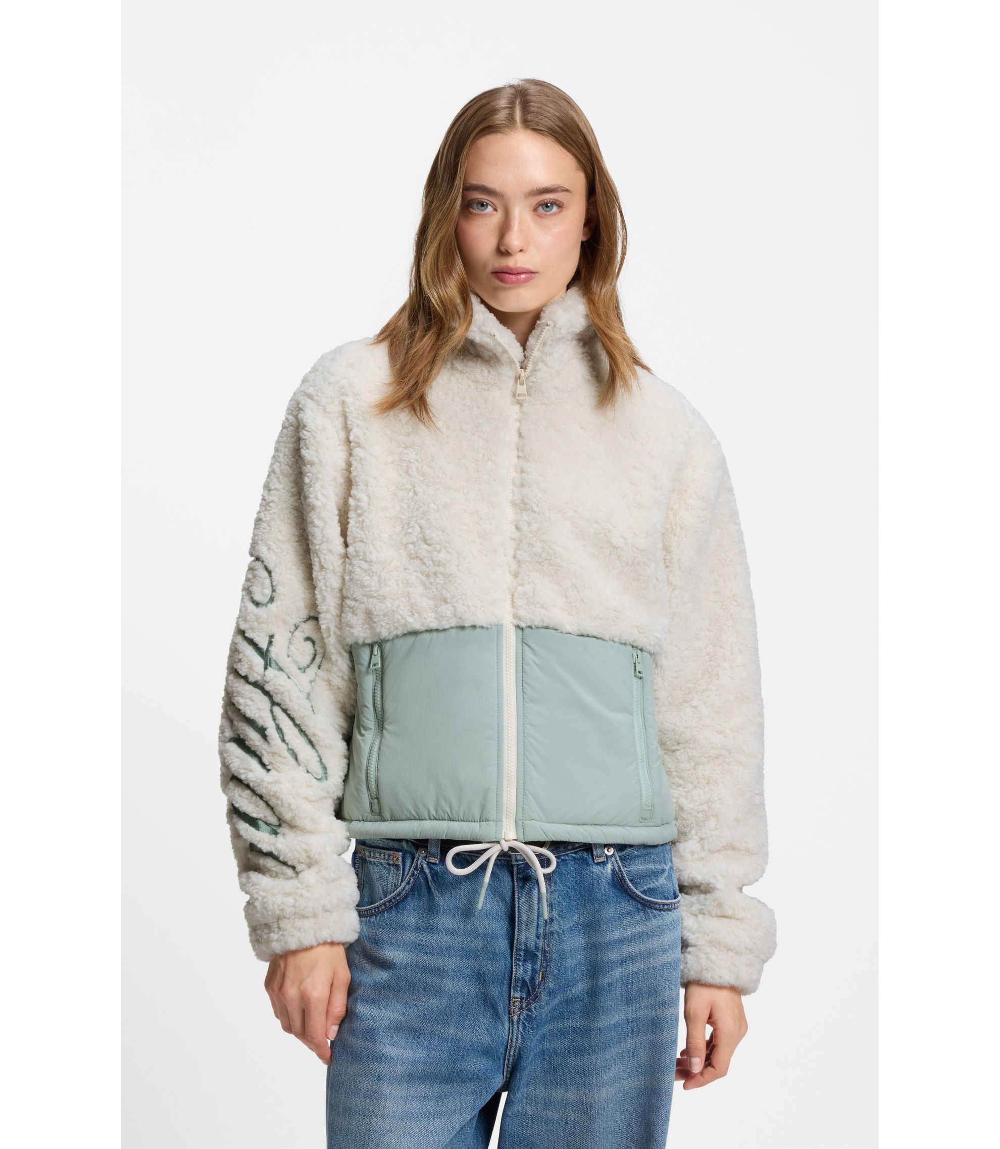 Teddy-Jacke im Colour-Block-Design mit Logo-Stickerei