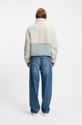 Teddy jacket with colour-blocking and embroidered logo, Natural