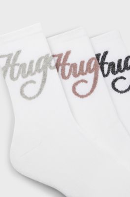 Three-pack of short-length socks with sparkly logos, White