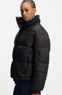 Water-repellent puffer jacket with detachable hood, Black