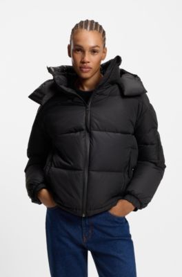 Water-repellent puffer jacket with detachable hood, Black