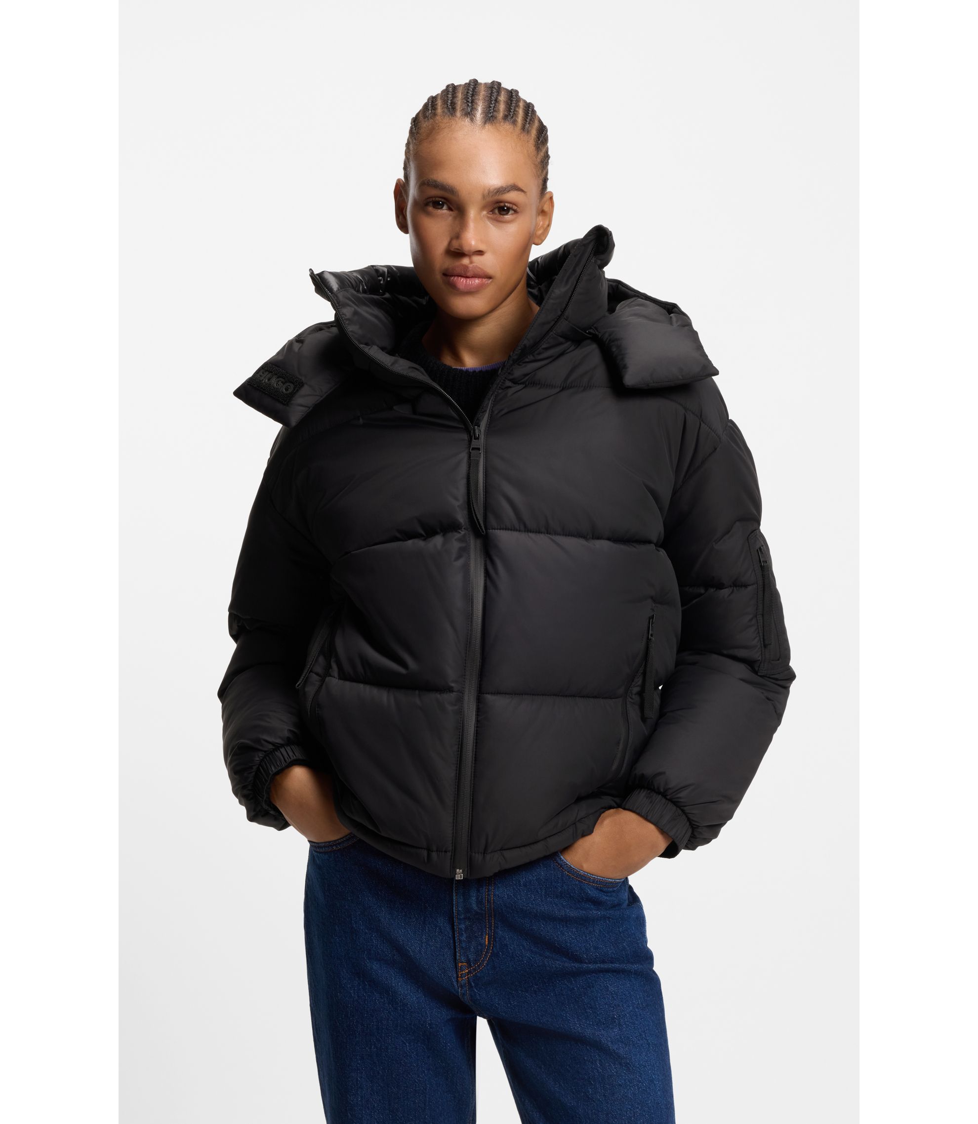 HUGO Wasserabweisende Steppjacke mit abnehmbarer Kapuze Schwarz