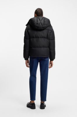 Water-repellent puffer jacket with detachable hood, Black