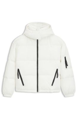 Water-repellent puffer jacket with detachable hood, White