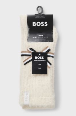 House socks in fluffy yarn with rib construction, Natural