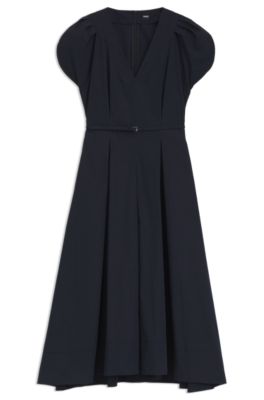 Cotton-blend dress with buckled belt, Dark Blue