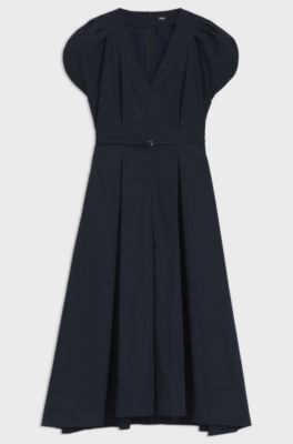 Cotton-blend dress with buckled belt, Dark Blue