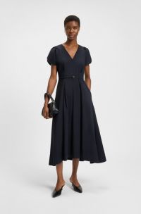 Robe en coton mélangé avec ceinture à boucle, Bleu foncé