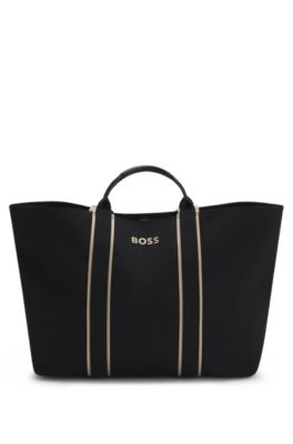 HUGO BOSS コントラストロゴ ボストンバッグ ストライプストラップ BOSS - テクスチャード トートバッグ ロゴストラップ - ブラック