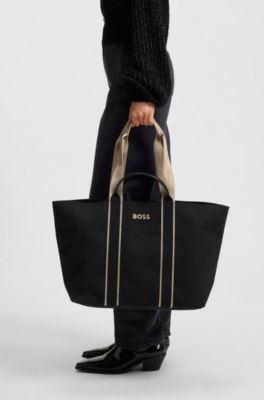Textured tote bag with logo straps, Black