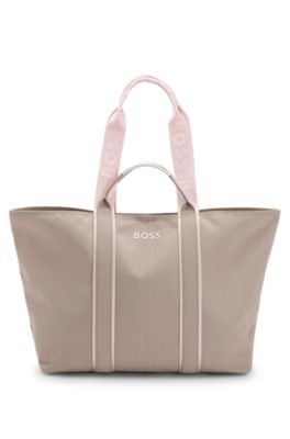 Textured tote bag with logo straps, Light Beige