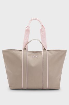 Textured tote bag with logo straps, Light Beige