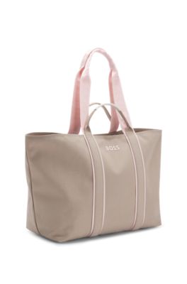 Textured tote bag with logo straps, Light Beige
