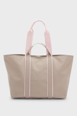 Textured tote bag with logo straps, Light Beige