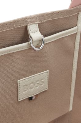 Textured tote bag with logo straps, Light Beige