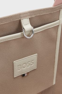Textured tote bag with logo straps, Light Beige