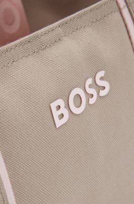 Textured tote bag with logo straps, Light Beige