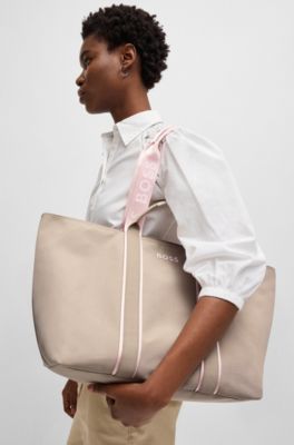Textured tote bag with logo straps, Light Beige