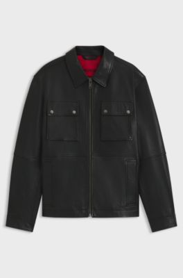 Regular-fit leather jacket with flap pockets, Black