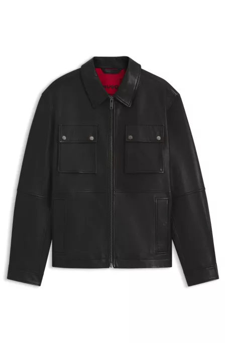 Regular-fit leather jacket with flap pockets