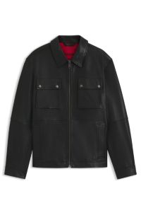 Regular-fit leather jacket with flap pockets, Black