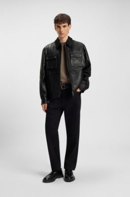 Regular-fit leather jacket with flap pockets, Black