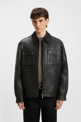 Regular-fit leather jacket with flap pockets, Black
