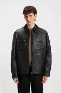 Regular-fit leren jas met klepzakken, Zwart