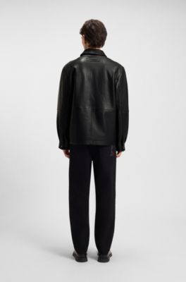 Regular-fit leather jacket with flap pockets, Black