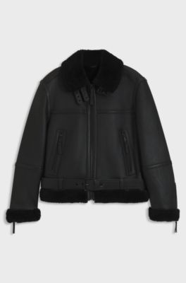 Leather jacket with shearling trims, Black