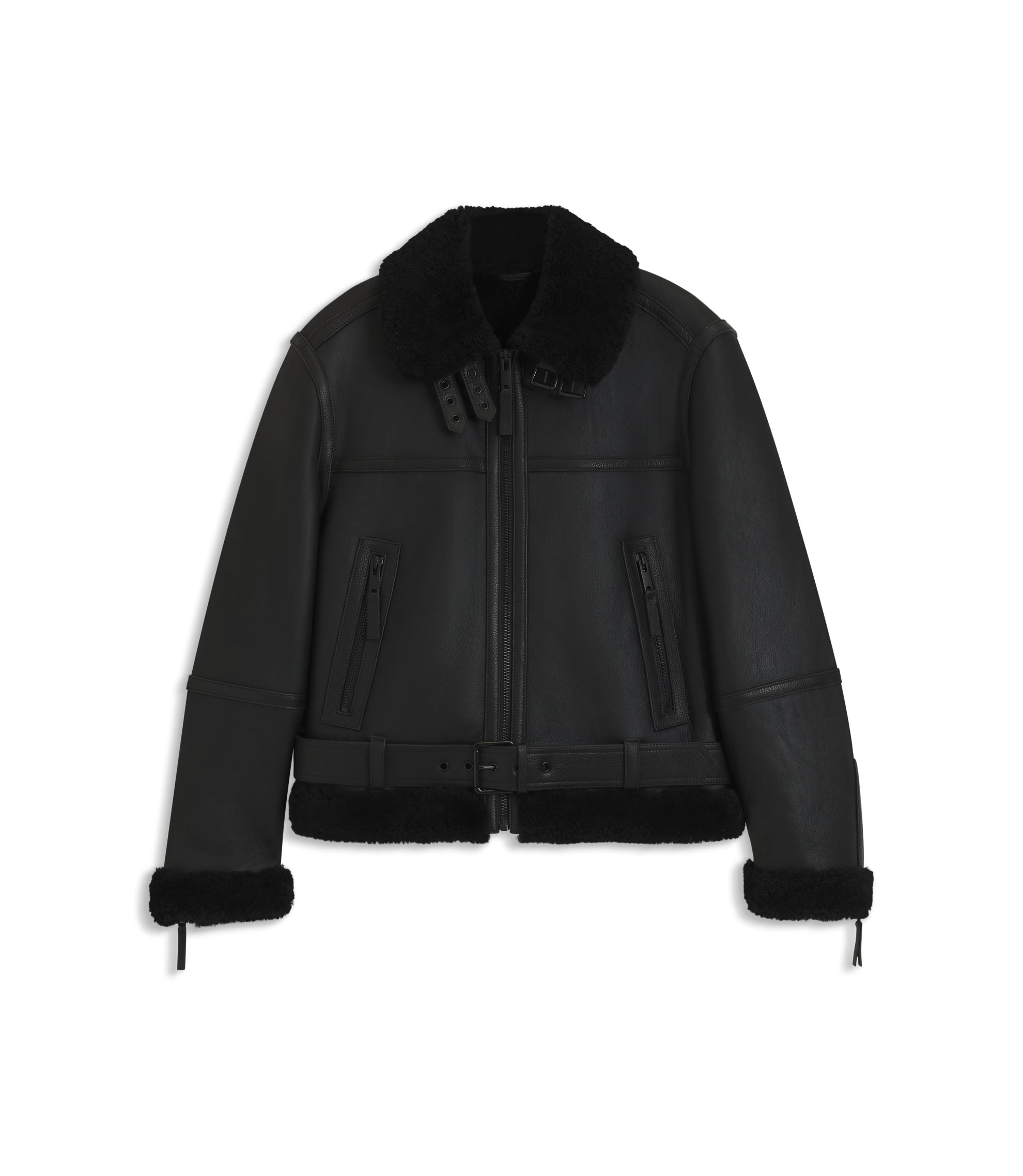 HUGO - Leather jacket with shearling trims - Black