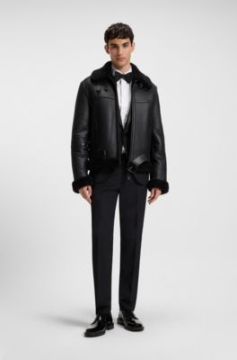 Leather jacket with shearling trims, Black