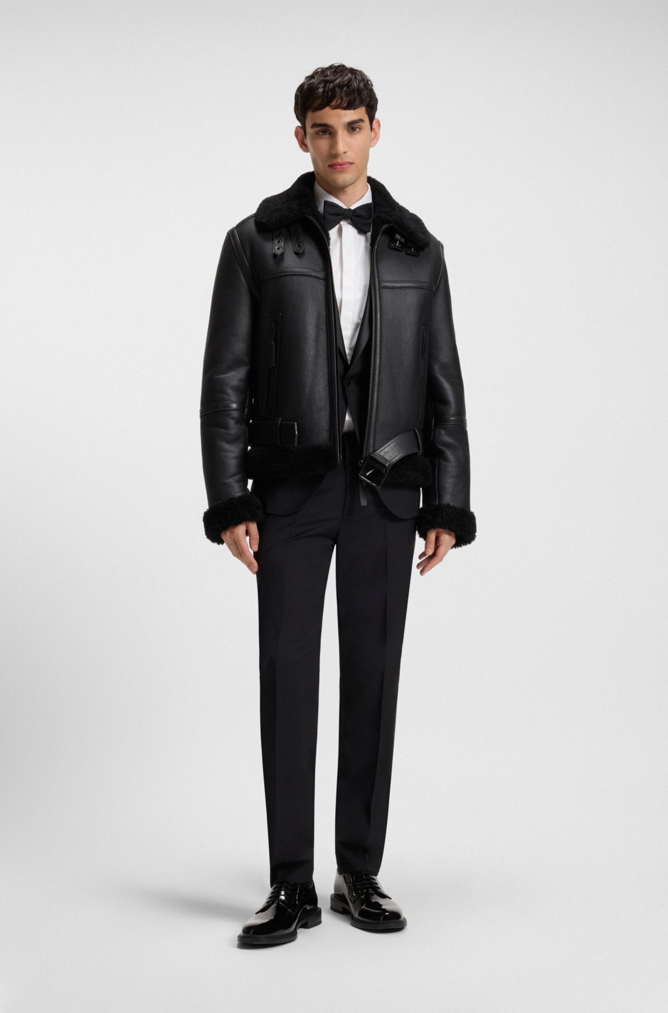 HUGO 黒 レザーコート HUGO - レザージャケット シアリングトリム - ブラック