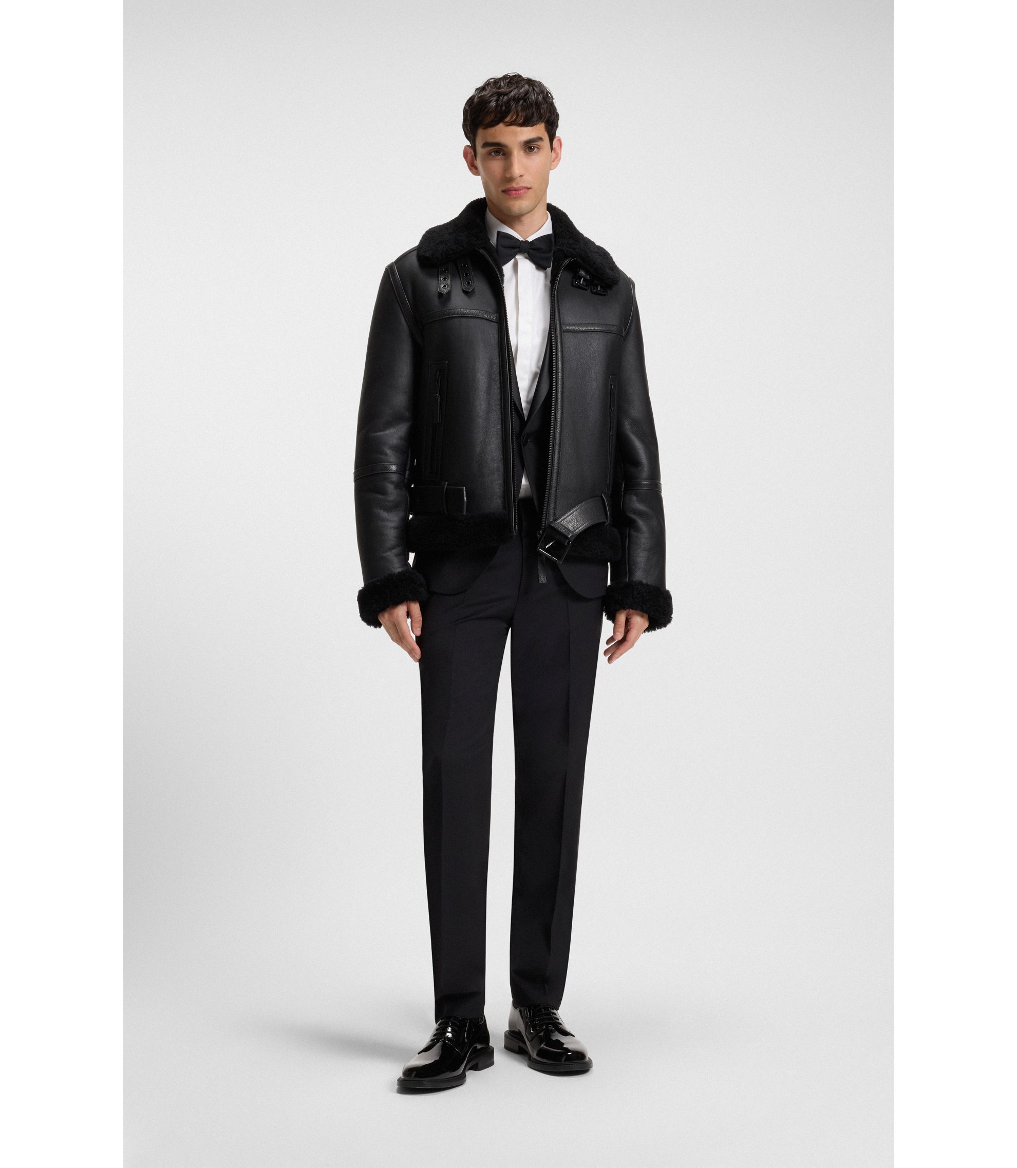 HUGO - Leather jacket with shearling trims - Black