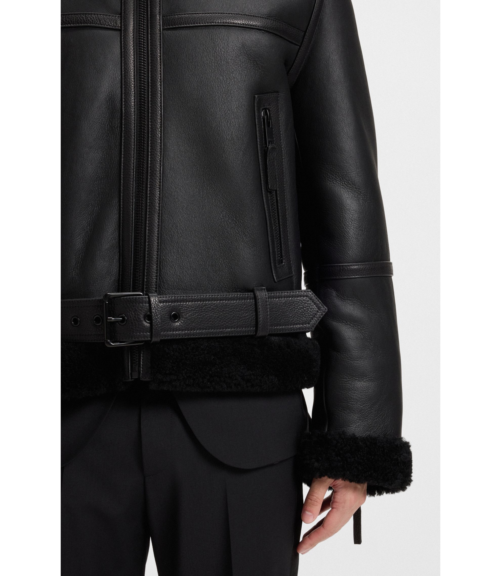 HUGO - Leather jacket with shearling trims - Black