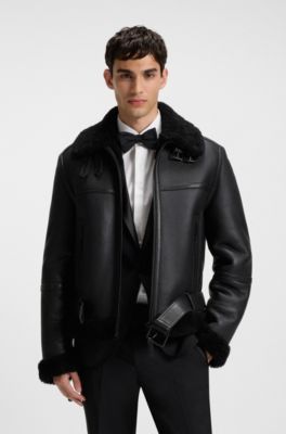 Leather jacket with shearling trims, Black