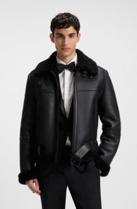 Leather jacket with shearling trims, Black