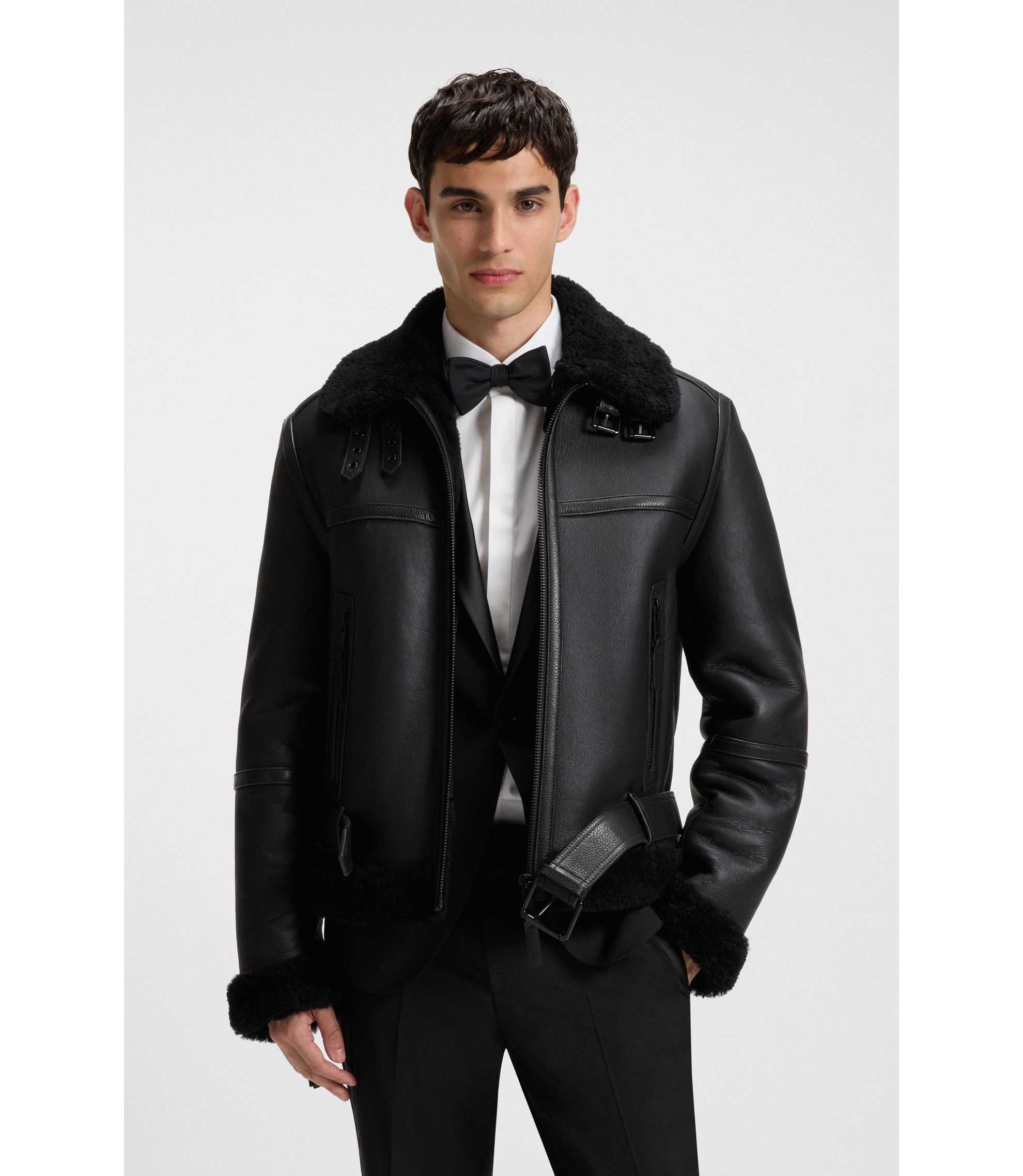 HUGO - Leather jacket with shearling trims - Black